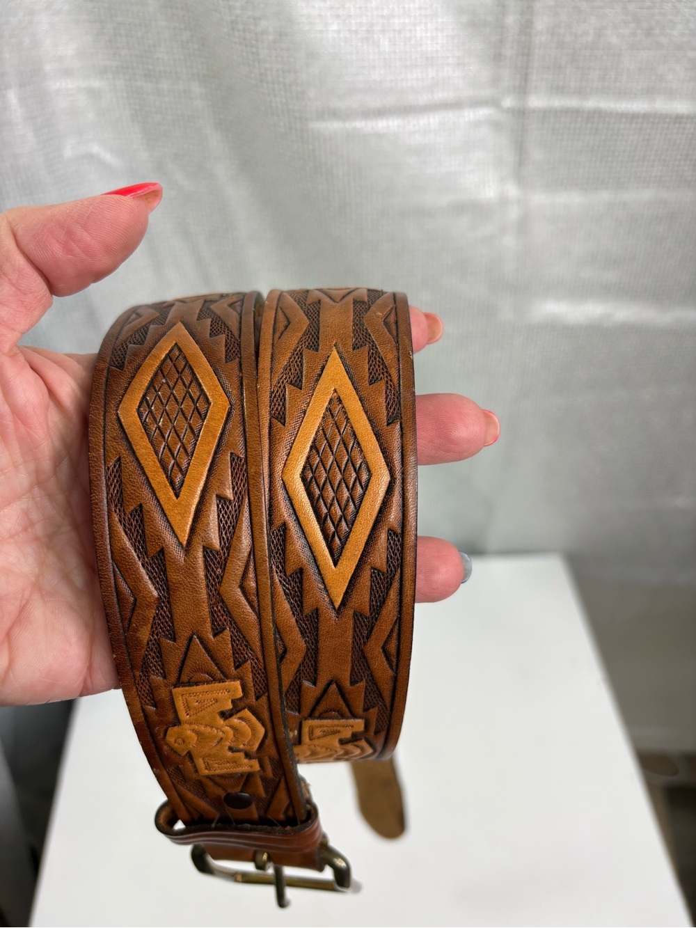 Thunderbird Eagle Tooled Brown Leather Belt with Diamond Pattern size 42